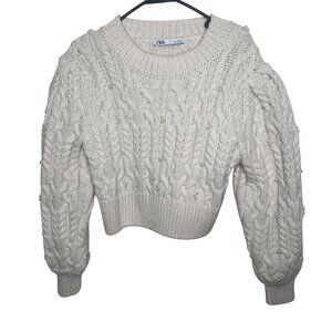 Zara Chunky Cable Knit Pearl Embellished Sweater Womens‎ L Ivory